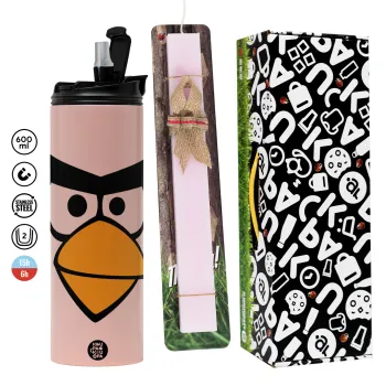 Angry birds eyes, Easter candle,Travel Tumbler 2 Lids, with metal straw & cleaning brush & aromatic flat candle (30cm) (PINK)