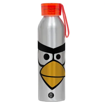 Angry birds eyes, Αλουμινένιο Αθλητικό Μπουκάλι 650ml – Ασημί με Κόκκινο Καπάκι και Λουράκι Σιλικόνης