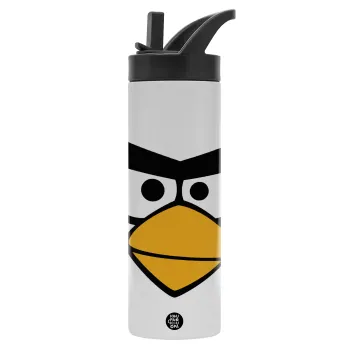Angry birds eyes, Μεταλλικό παγούρι θερμός με καλαμάκι & χειρολαβή, ανοξείδωτο ατσάλι (Stainless steel 304), διπλού τοιχώματος, 600ml