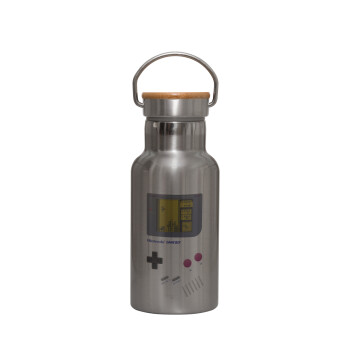 Gameboy, Stainless steel metallic thermos flask, silver with a bamboo lid, double-walled, 350ml.