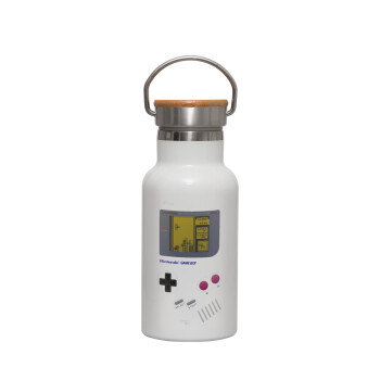 Gameboy, Μεταλλικό παγούρι θερμός (Stainless steel) Λευκό με ξύλινο καπακι (bamboo), διπλού τοιχώματος, 350ml