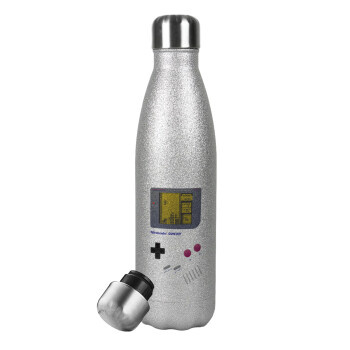 Gameboy, Μεταλλικό παγούρι θερμός Glitter Aσημένιο (Stainless steel), διπλού τοιχώματος, 500ml
