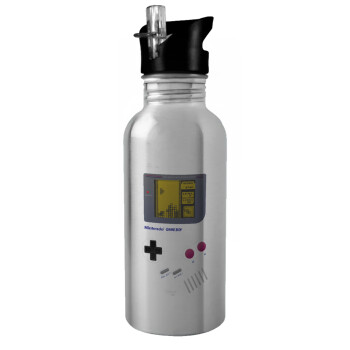 Gameboy, Water bottle Silver with straw, stainless steel 600ml
