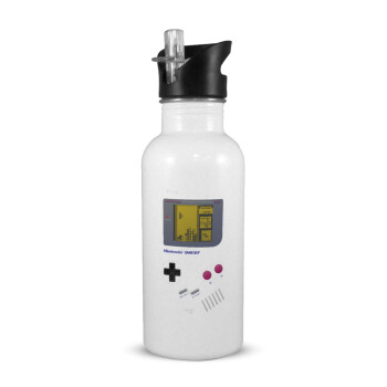 Gameboy, White water bottle with straw, stainless steel 600ml