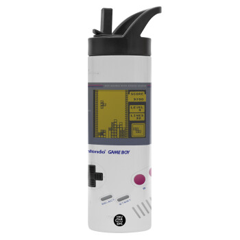 Gameboy, Μεταλλικό παγούρι θερμός με καλαμάκι & χειρολαβή, ανοξείδωτο ατσάλι (Stainless steel 304), διπλού τοιχώματος, 600ml