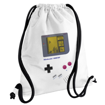Gameboy, Τσάντα πλάτης πουγκί GYMBAG λευκή, με τσέπη (40x48cm) & χονδρά κορδόνια