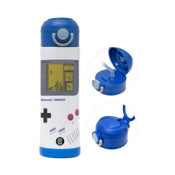 Gameboy, Children's hot water bottle, stainless steel, with safety straw, BLUE (500ml)