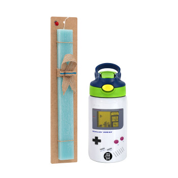 Gameboy, Easter Set, Children's thermal stainless steel bottle with safety straw, green/blue (350ml) & aromatic flat Easter candle (30cm) (TURQUOISE)