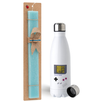 Gameboy, Easter Set, metallic stainless steel water bottle (750ml) & aromatic flat Easter candle (30cm) (TURQUOISE)