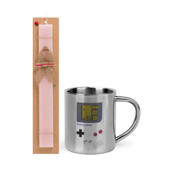 Gameboy, Πασχαλινό Σετ, μεταλλική κούπα θερμό (300ml) & πασχαλινή λαμπάδα αρωματική πλακέ (30cm) (ΡΟΖ)