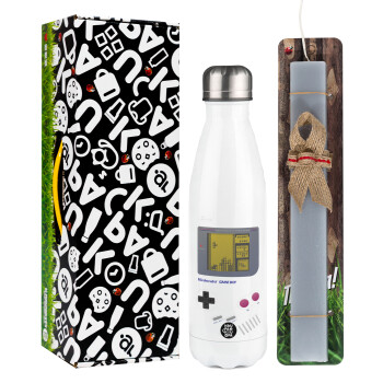 Gameboy, Easter candle, metallic white thermos bottle (500ml) & aromatic flat candle (30cm) (GRAY)