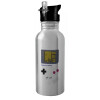 Water bottle Silver with straw, stainless steel 600ml