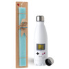 Easter Set, metallic stainless steel water bottle (750ml) & aromatic flat Easter candle (30cm) (TURQUOISE)