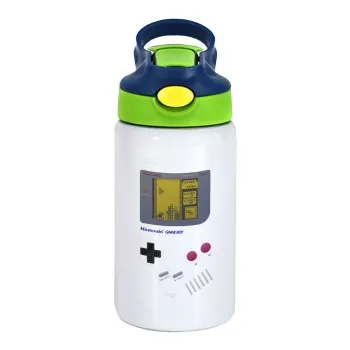 Gameboy, Children's hot water bottle, stainless steel, with safety straw, green, blue (350ml)