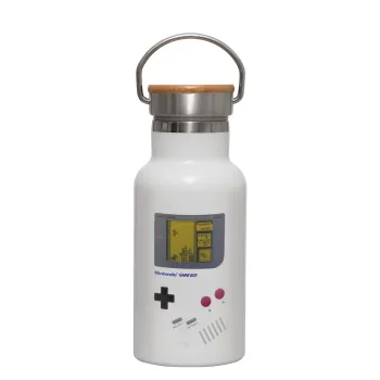 Gameboy, Μεταλλικό παγούρι θερμός (Stainless steel) Λευκό με ξύλινο καπακι (bamboo), διπλού τοιχώματος, 350ml