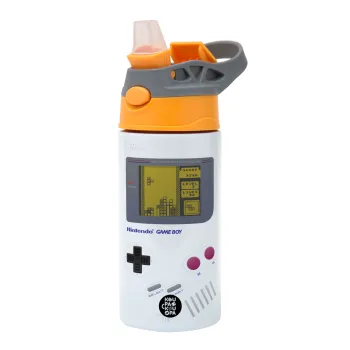 Gameboy, Children's hot water bottle, stainless steel, with safety straw, Orange/Grey (360ml) BPA-FREE