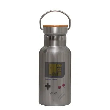 Gameboy, Μεταλλικό παγούρι θερμός (Stainless steel) Ασημένιο με ξύλινο καπακι (bamboo), διπλού τοιχώματος, 350ml