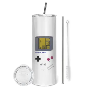 Gameboy, Tumbler ποτήρι θερμό από ανοξείδωτο ατσάλι 600ml, με μεταλλικό καλαμάκι & βούρτσα καθαρισμού