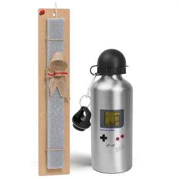 Gameboy, Easter Set, metallic silver aluminum water bottle (500ml) & aromatic flat Easter candle (30cm) (GRAY)
