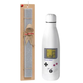 Gameboy, Πασχαλινή Λαμπάδα με μεταλλικό παγούρι θερμός ανοξείδωτο (500ml) & κερί αρωματικό πλακέ (30cm) (ΓΚΡΙ)