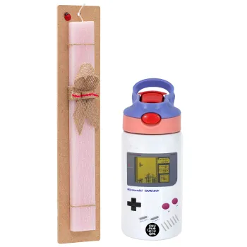 Gameboy, Easter Set, Children's thermal stainless steel water bottle with safety straw, pink/purple (350ml) & Easter scented flat candle (30cm) (PINK)