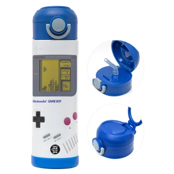 Gameboy, Παιδικό παγούρι θερμό, ανοξείδωτο, με καλαμάκι ασφαλείας, ΜΠΛΕ (500ml)