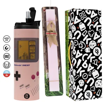 Gameboy, Easter candle,Travel Tumbler 2 Lids, with metal straw & cleaning brush & aromatic flat candle (30cm) (PINK)