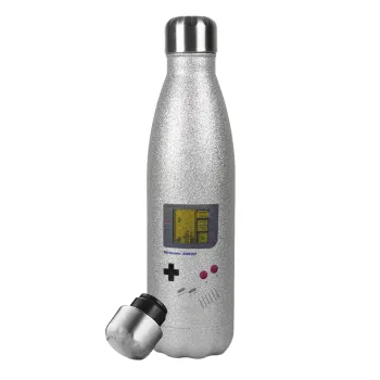Gameboy, Metallic Glitter Silver Thermos Flask (Stainless steel), double-walled, 500ml