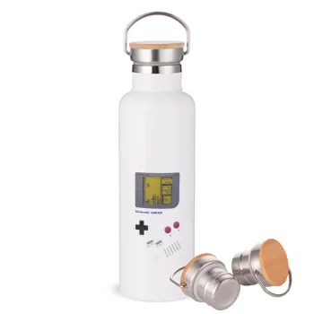 Gameboy, Μεταλλικό παγούρι θερμός (Stainless steel) Λευκό με ξύλινο καπάκι (bamboo), διπλού τοιχώματος, 750ml