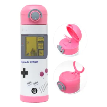 Gameboy, Παιδικό παγούρι θερμό, ανοξείδωτο, με καλαμάκι ασφαλείας, ΡΟΖ (500ml)