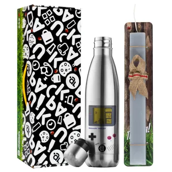 Gameboy, Easter Set, metallic stainless thermos flask (500ml) & scented flat Easter candle (30cm) (GRAY)