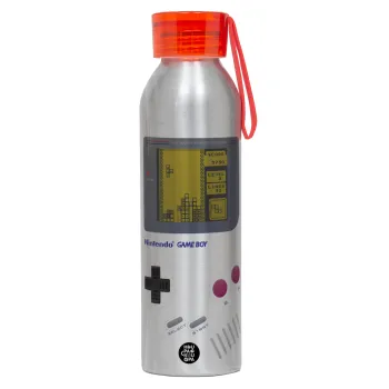 Gameboy, Αλουμινένιο Αθλητικό Μπουκάλι 650ml – Ασημί με Κόκκινο Καπάκι και Λουράκι Σιλικόνης