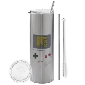 Gameboy, Tumbler ποτήρι θερμό Ασημένιο από ανοξείδωτο ατσάλι 600ml, με μεταλλικό καλαμάκι & βούρτσα καθαρισμού