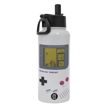 Gameboy, Μεταλλικό παγούρι θερμός Λευκό με καλαμάκι και χερούλι (Stainless steel), διπλού τοιχώματος, 950ml
