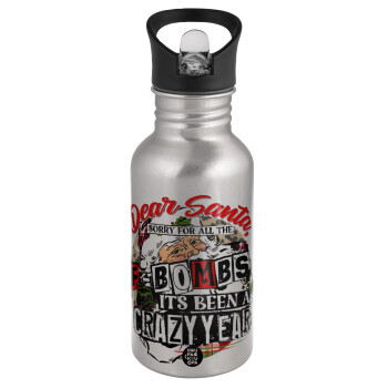 Dear Santa, sorry for all the F-bombs, Water bottle Silver with straw, stainless steel 500ml