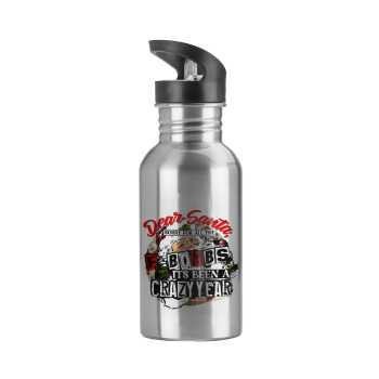 Dear Santa, sorry for all the F-bombs, Water bottle Silver with straw, stainless steel 600ml
