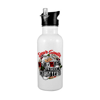 Dear Santa, sorry for all the F-bombs, White water bottle with straw, stainless steel 600ml