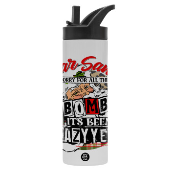 Dear Santa, sorry for all the F-bombs, Μεταλλικό παγούρι θερμός με καλαμάκι & χειρολαβή, ανοξείδωτο ατσάλι (Stainless steel 304), διπλού τοιχώματος, 600ml