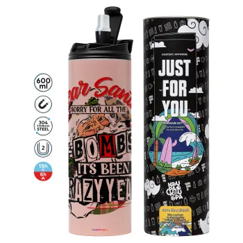 Dear Santa, sorry for all the F-bombs, Tumbler ποτήρι θερμό ΡΟΖ από ανοξείδωτο ατσάλι 600ml