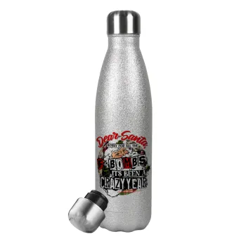 Dear Santa, sorry for all the F-bombs, Metallic Glitter Silver Thermos Flask (Stainless steel), double-walled, 500ml