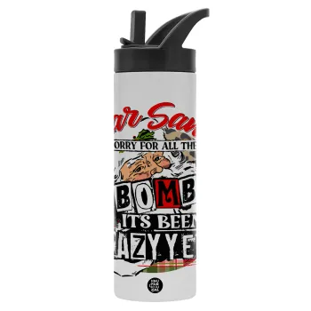 Dear Santa, sorry for all the F-bombs, Metallic thermos bottle with straw & handle, stainless steel (Stainless steel 304), double-walled, 600ml.