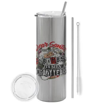 Dear Santa, sorry for all the F-bombs, Tumbler stainless steel Silver 600ml, with metal straw & cleaning brush