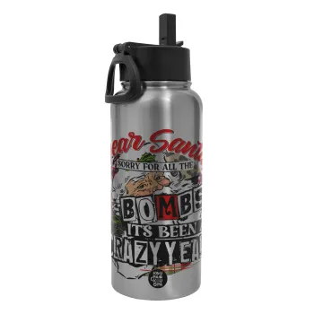 Dear Santa, sorry for all the F-bombs, Metal mug thermo Silver with Straw and Spout Lid (Stainless steel), double wall, 950ml