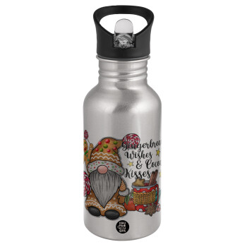 Gingerbread Wishes, Water bottle Silver with straw, stainless steel 500ml