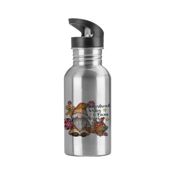 Gingerbread Wishes, Water bottle Silver with straw, stainless steel 600ml