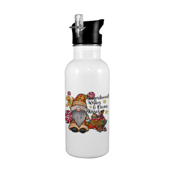 Gingerbread Wishes, White water bottle with straw, stainless steel 600ml