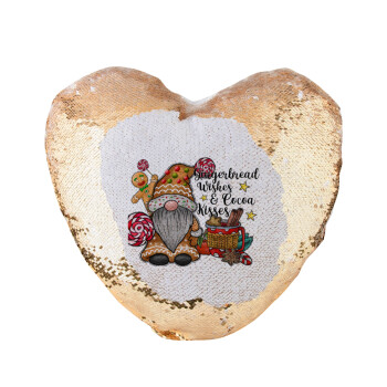 Gingerbread Wishes, Μαξιλάρι καναπέ καρδιά Μαγικό Χρυσό με πούλιες 40x40cm περιέχεται το  γέμισμα