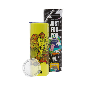 Gingerbread Wishes, Neon Yellow Travel Tumbler θερμό, μεταλλικό καλαμάκι(Ανωξείδωτο 304 Food grade, BPA free, 600ml)