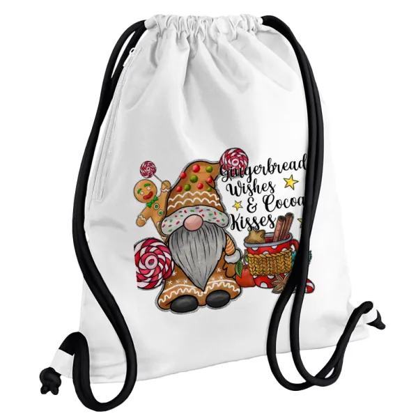 Gingerbread Wishes — Τσάντα πλάτης πουγκί GYMBAG λευκή, με τσέπη (40x48cm) & χονδρά κορδόνια
