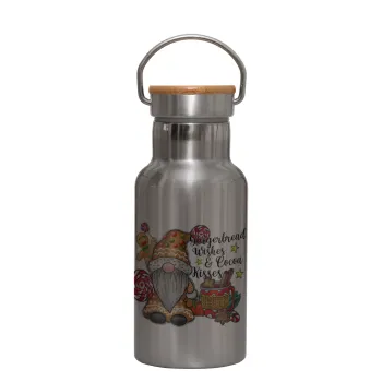 Gingerbread Wishes, Stainless steel metallic thermos flask, silver with a bamboo lid, double-walled, 350ml.